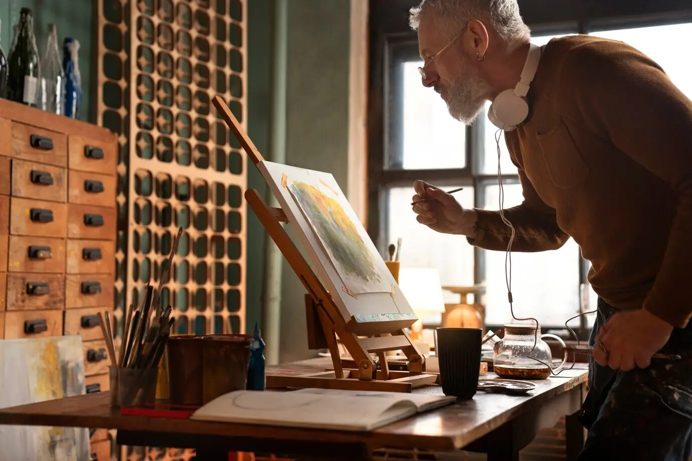 Съемка средним планом пожилого художника в помещении.